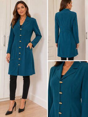 Vintage ALLURE Lightweight Long Blazer Trench Jacket Teal Gold Button Size 10